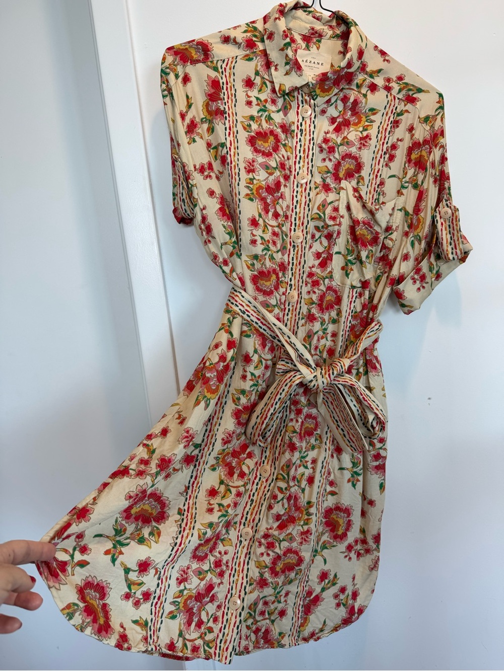 Sezane Cream Dress with Red Floral Print and Striped Tie